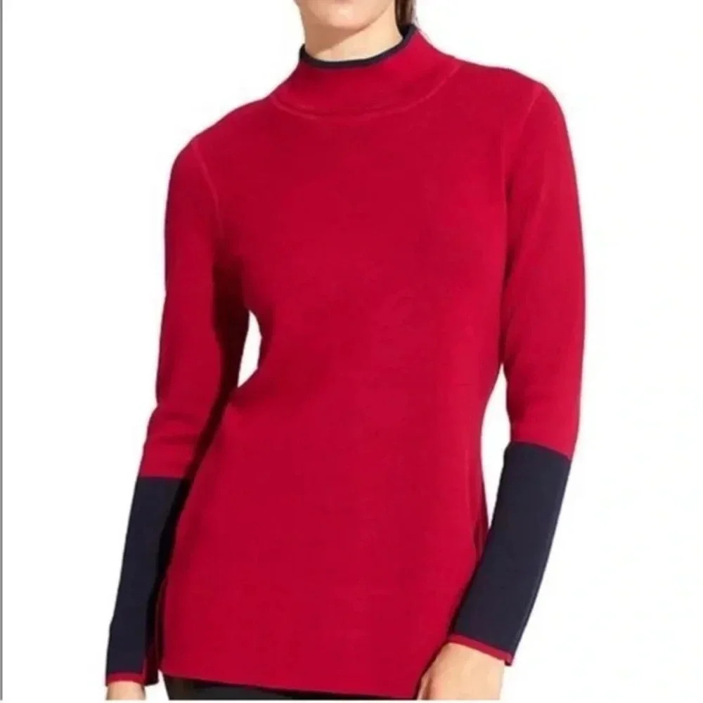 Athleta Wool Blend Sweater Turtleneck Red Navy Blue Stretch Ribbed Pullover XL